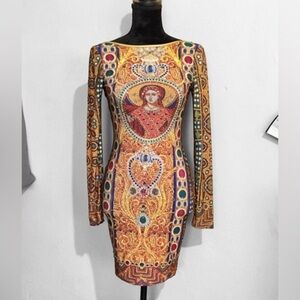 Va Va Voom Gold Mosaic Jewel-Print Long Sleeve Bodycon Dress